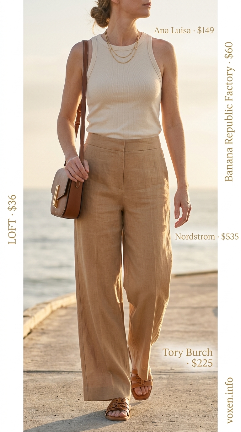 Chic summer outfit for women over 40 2026: Cream linen pants, ivory knit top, tan crossbody bag, gold jewelry.