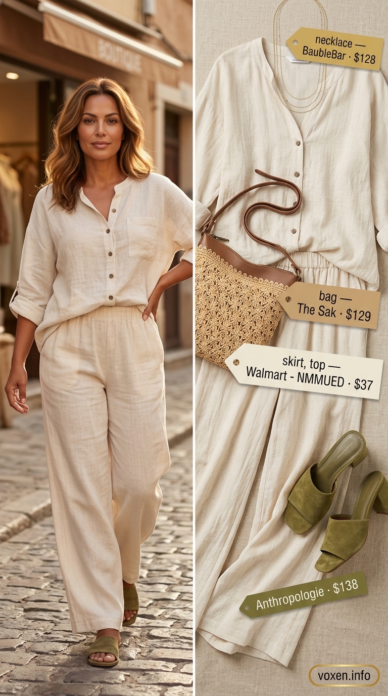 Chic summer outfit for women over 40 2026: Cream linen set, olive green sandals, straw bag.