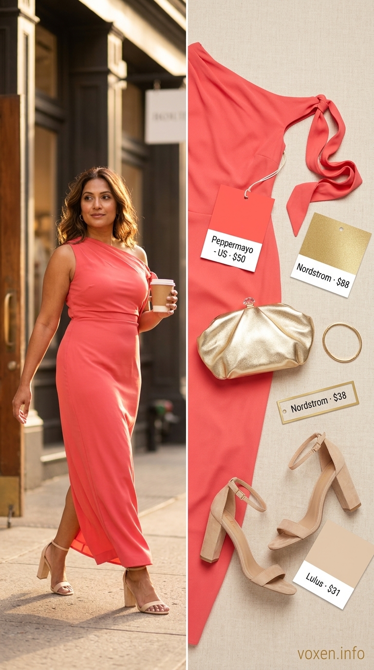 Chic summer outfit for women over 40 2026: Coral maxi dress, nude heels, gold bangle, gold clutch.
