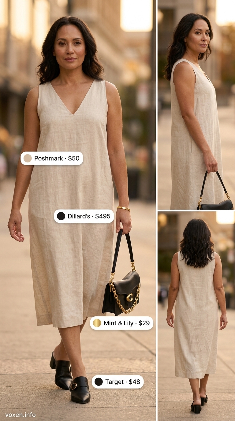 Chic summer outfit for women over 40 2026: Beige midi dress, black block heels, black shoulder bag.