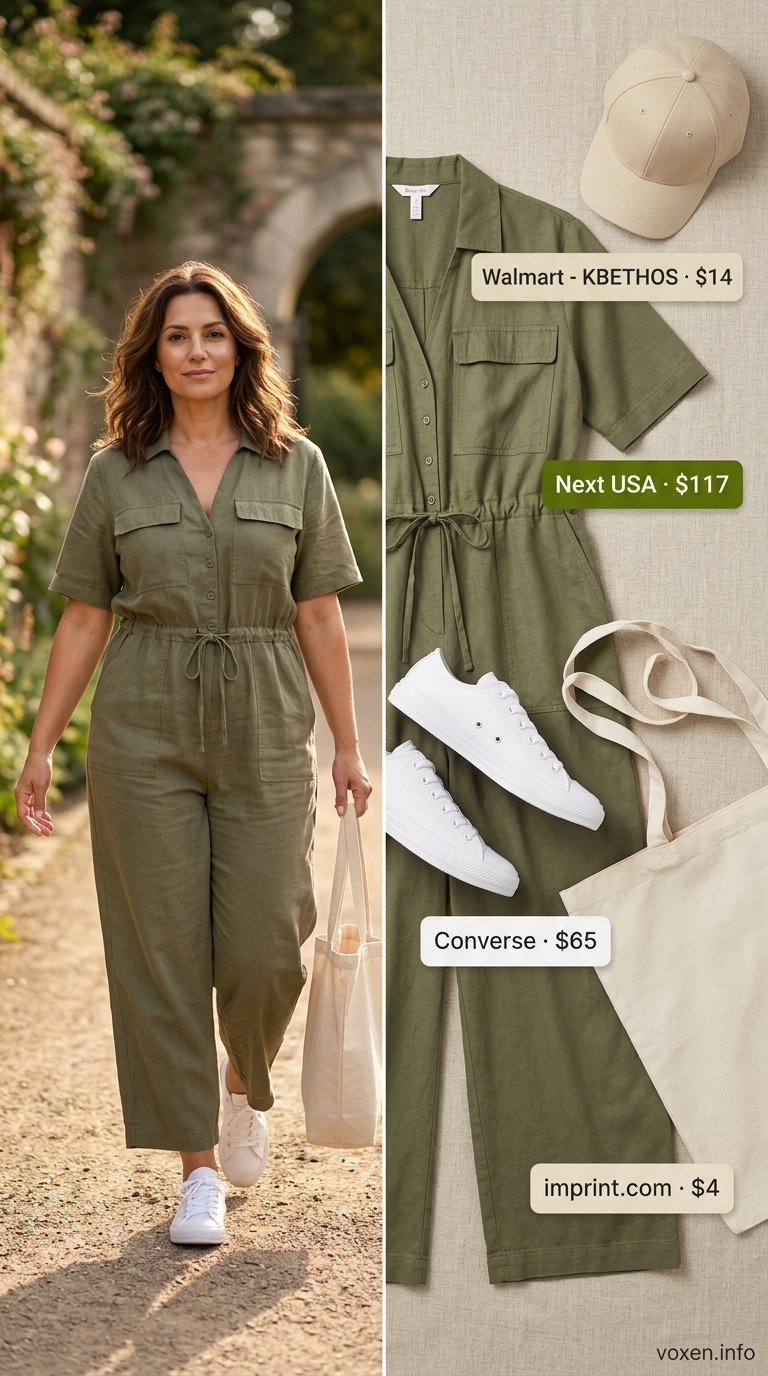 Chic summer outfit for women over 40 2026: Olive green utility jumpsuit, white sneakers, canvas tote.
