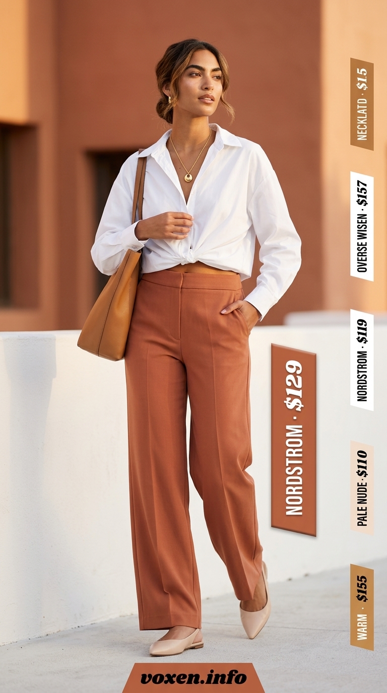 Chic summer outfit for women over 40 2026: Beige wide-leg trousers, white oversized shirt, nude flats.