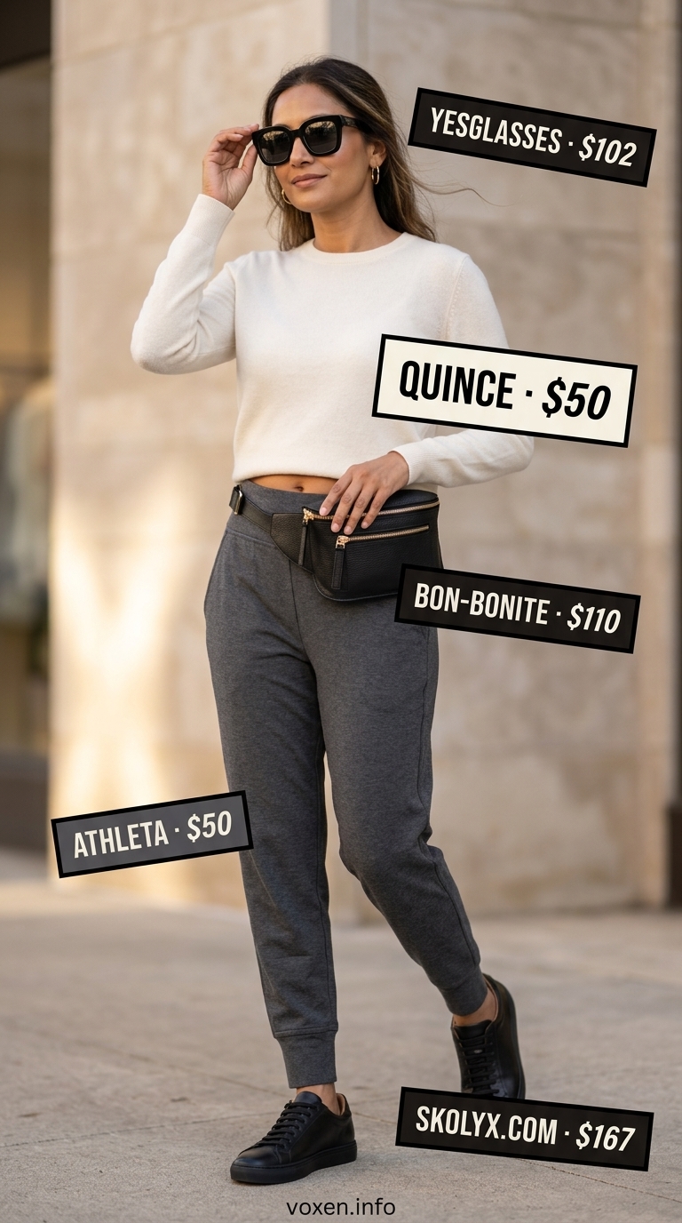 Chic summer outfit for women over 40 2026: Elevated athleisure set in charcoal grey joggers and ivory sweater.