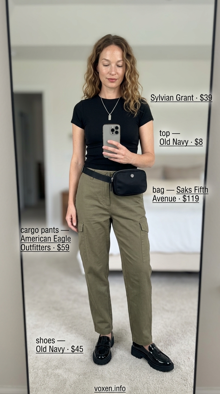 Chic summer outfit for women over 40 2026: Khaki cargo pants, black knit top, loafers for casual chic.