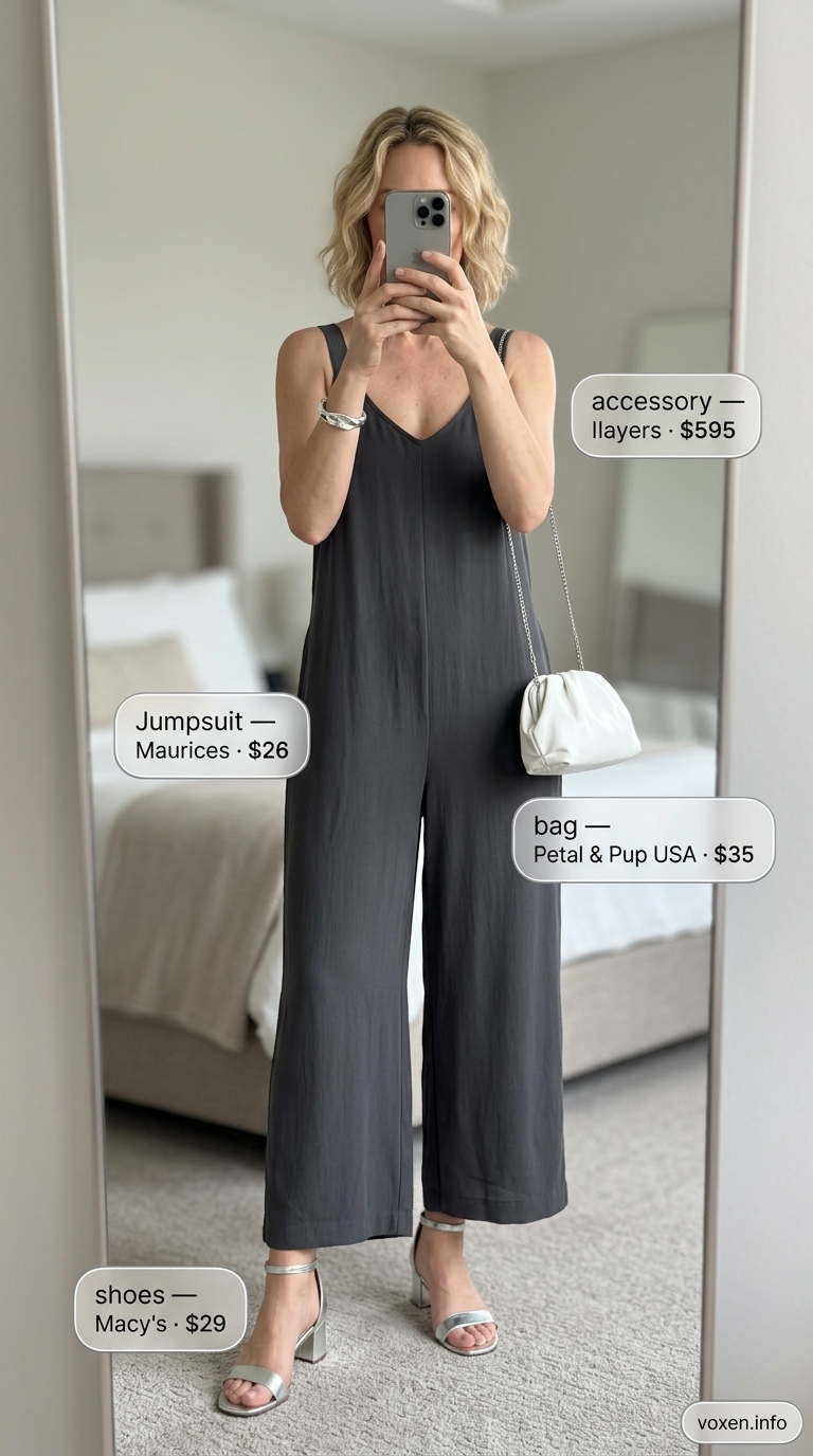 Chic summer outfit for women over 40 2026: Charcoal jumpsuit, silver sandals, minimalist clutch for party.