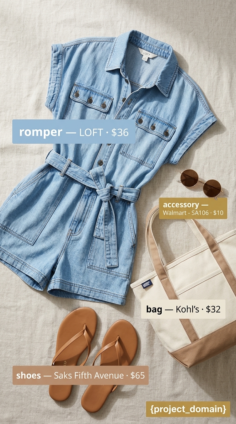 Chic summer outfit for women over 40 2026: Denim romper, tan sandals, canvas tote for weekend.