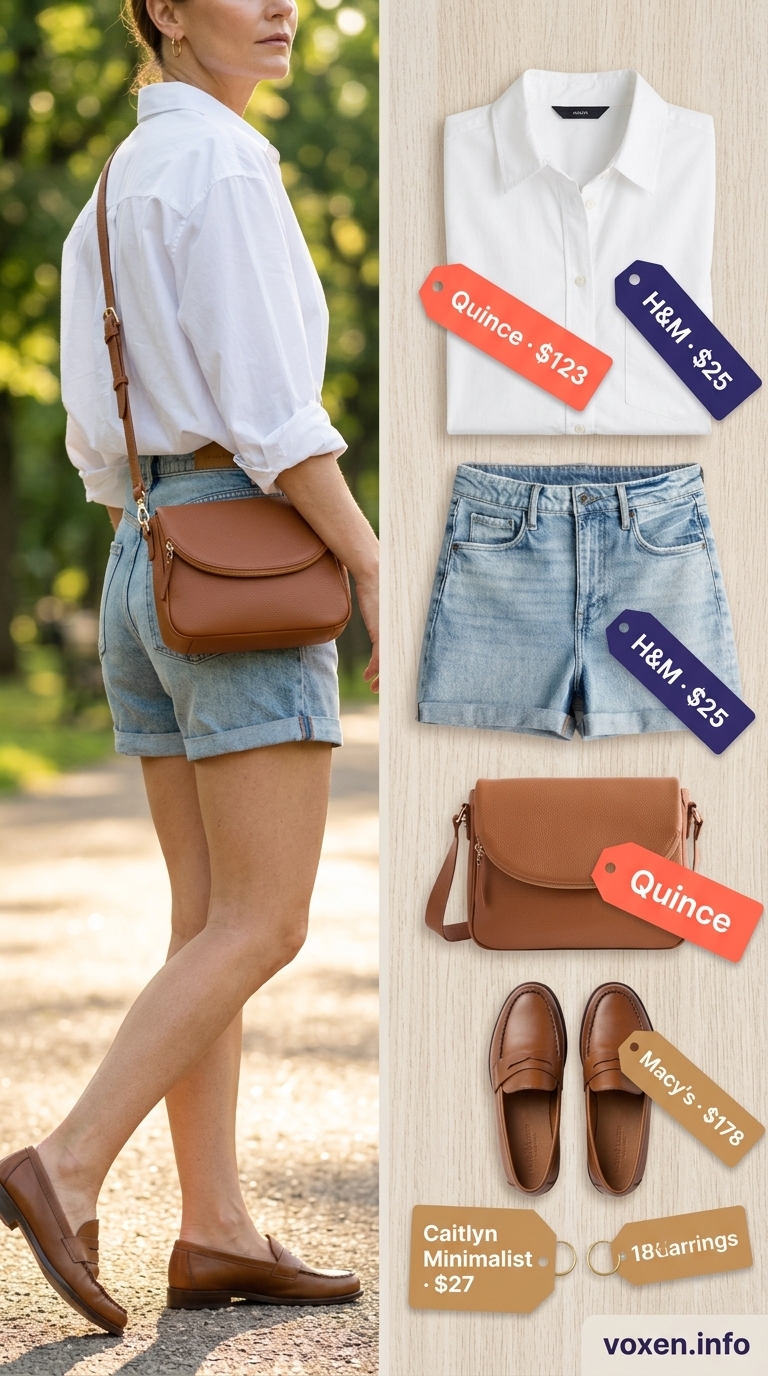 Chic summer outfit for women over 40 2026: Denim shorts, white shirt, and penny loafers for casual outings.