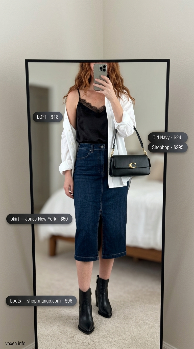 Chic summer outfit for women over 40 2026: Dark wash denim midi skirt with white shirt and black ankle boots.