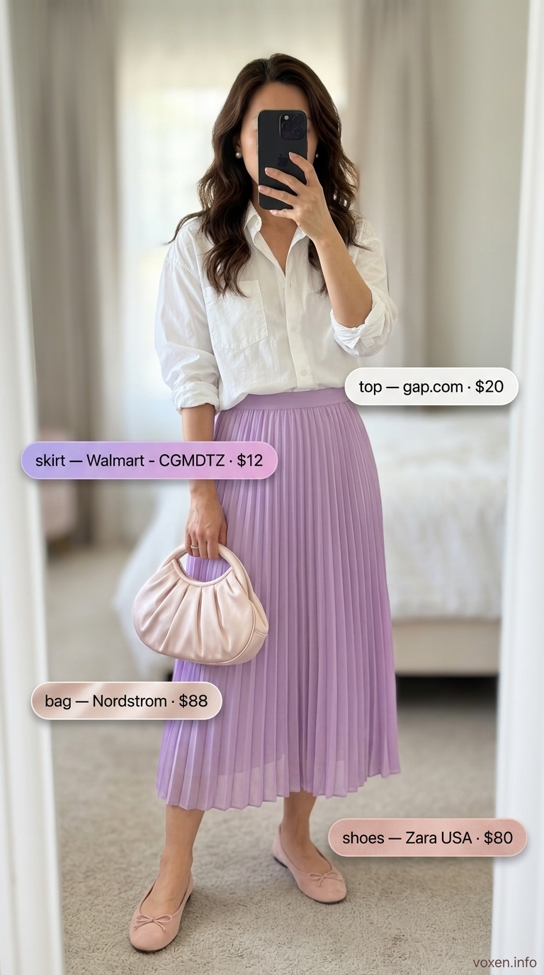 Chic summer outfit for women over 40 2026: Lavender skirt, white shirt, blush flats for garden party.