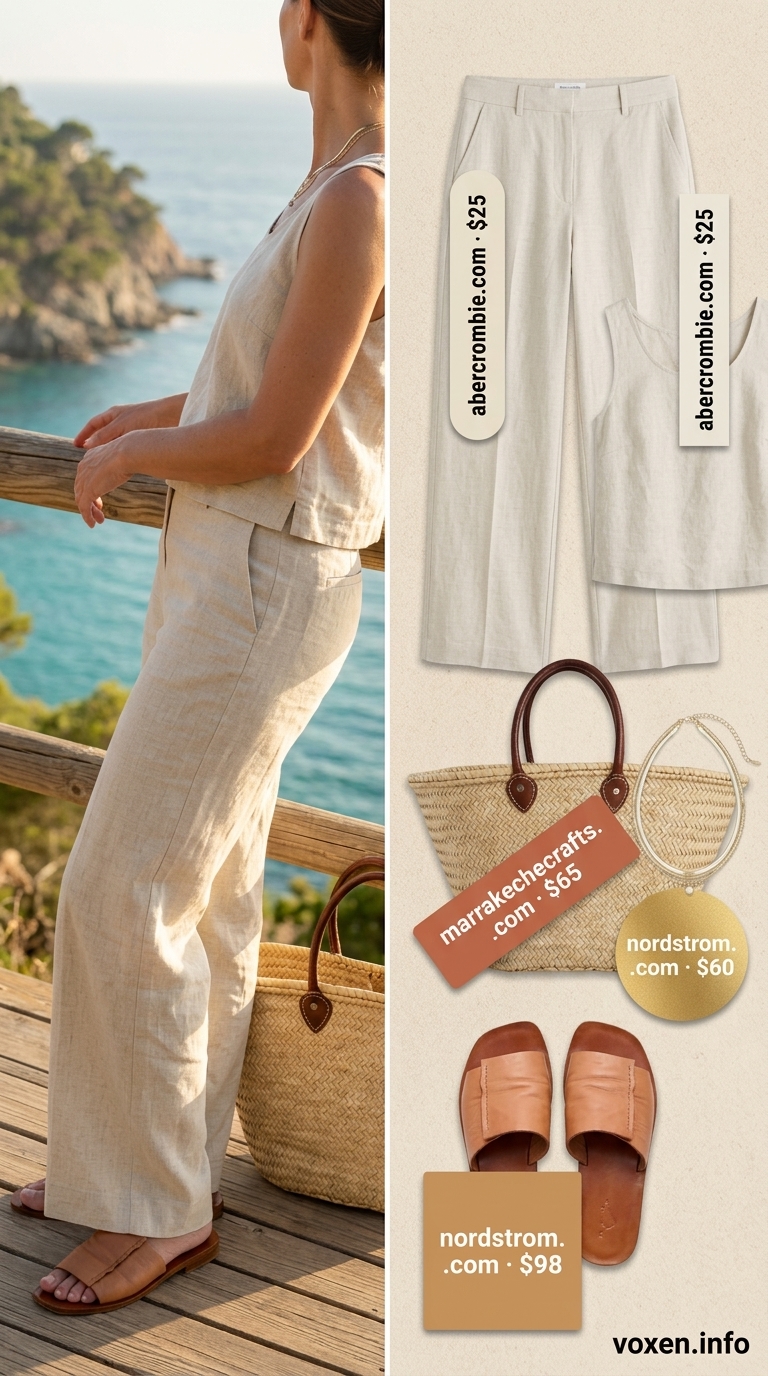 Chic summer outfit for women over 40 2026: Ecru linen wide-leg pants and cropped shirt set for vacation.