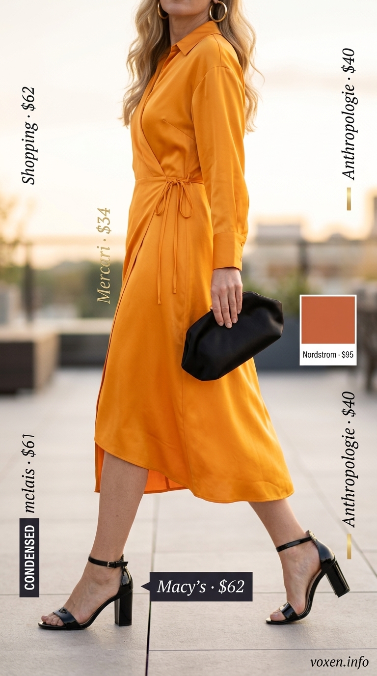 Chic summer outfit for women over 40 2026: Mango orange midi dress, black clutch, gold hoops for rooftop dinner.