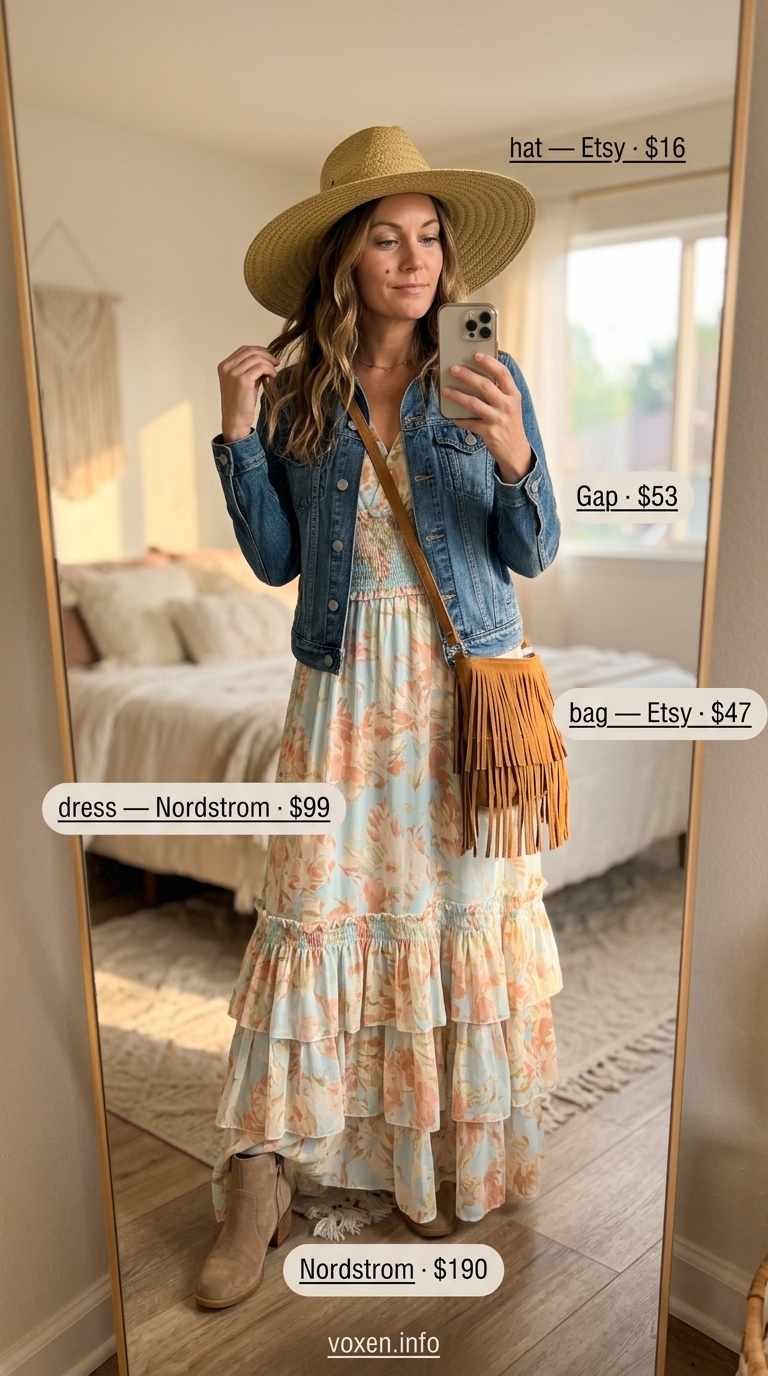 Chic summer outfit for women over 40 2026: Floral maxi dress with denim jacket for casual day out.