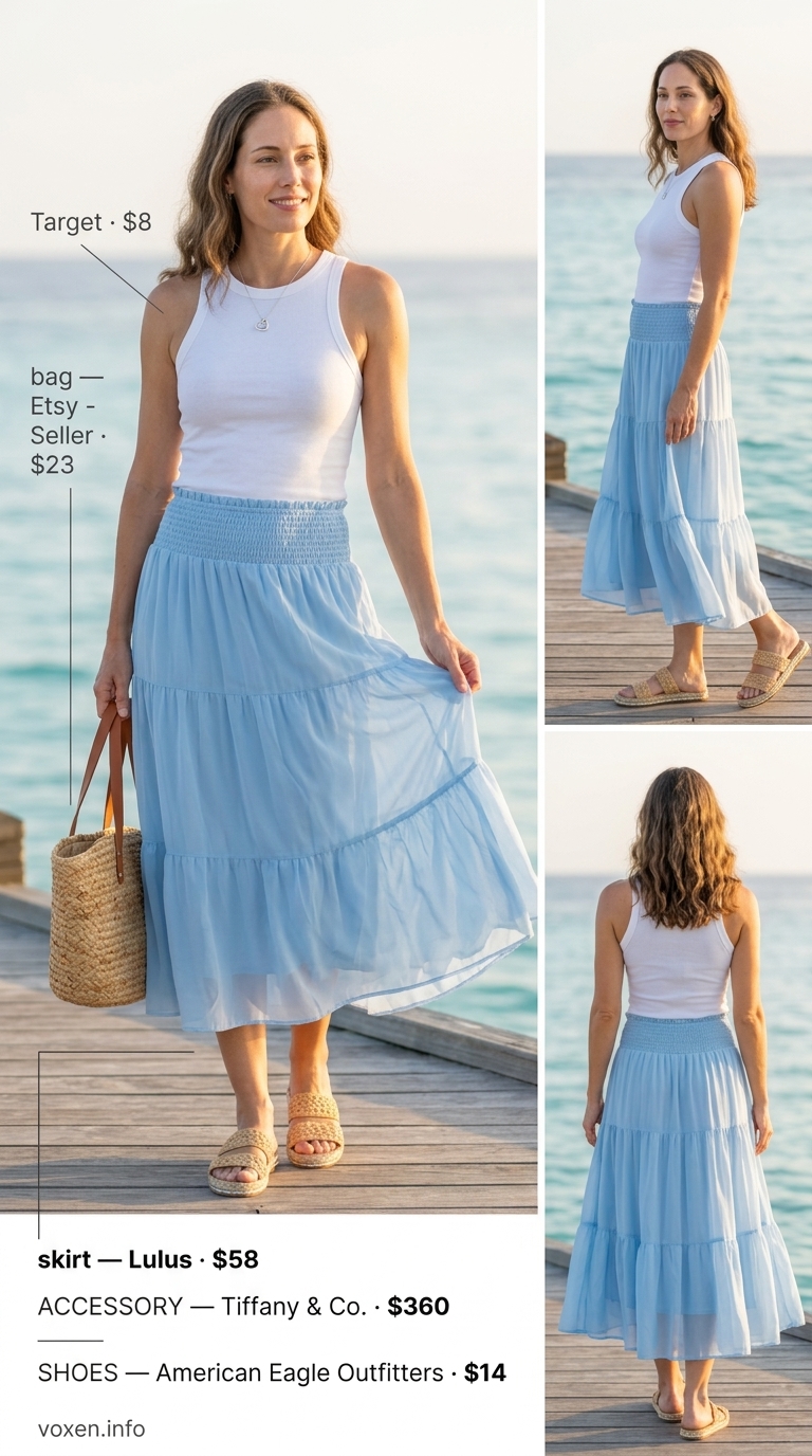 Chic summer outfit for women over 40 2026: Sky blue tiered midi skirt with white knit top for beach town exploration.