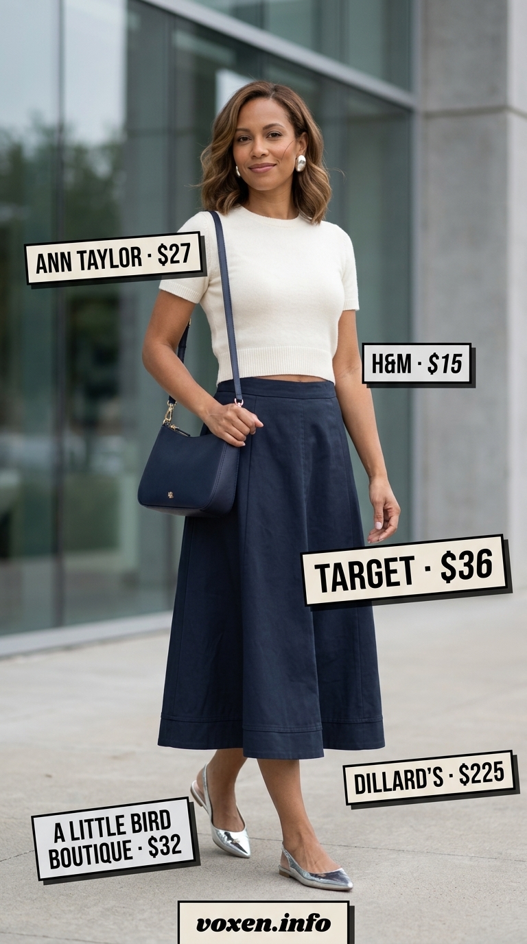 Chic summer outfit for women over 40 2026: Navy A-line midi skirt with cream knit top for daytime events.