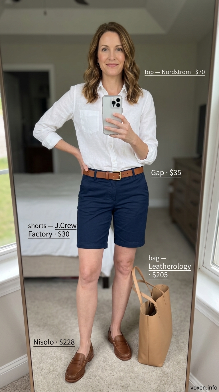 Chic summer outfit for women over 40 2026: Navy shorts, white linen shirt, tan loafers for business casual.
