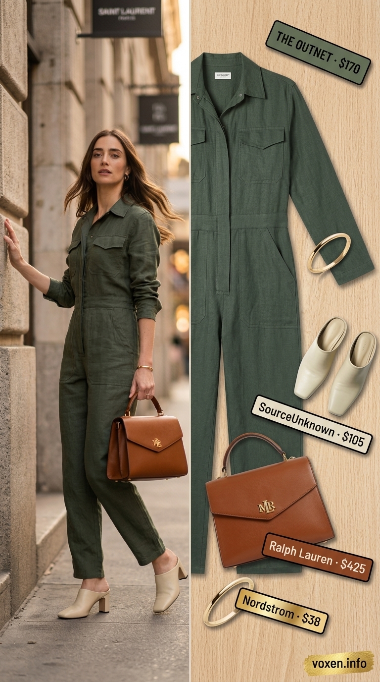 Chic summer outfit for women over 40 2026: Olive green linen jumpsuit, cream mules for polished look.