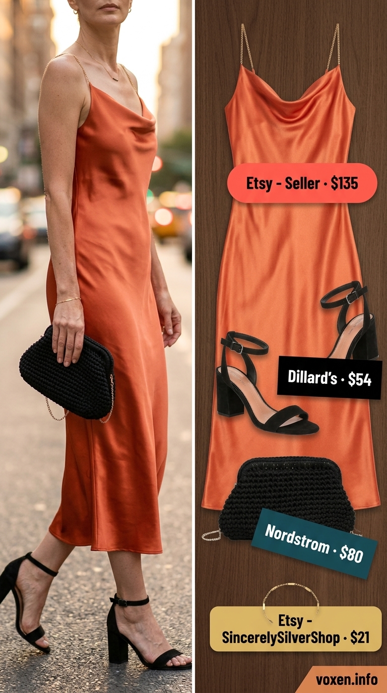 Chic summer outfit for women over 40 2026: Coral orange satin slip dress for date night or cocktail parties.