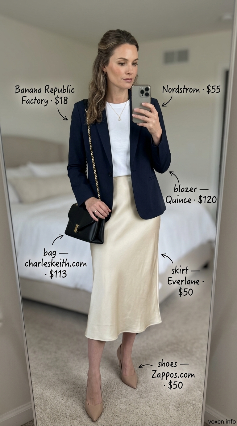 Chic summer outfit for women over 40 2026: Champagne slip skirt, navy blazer, white tee for evening.