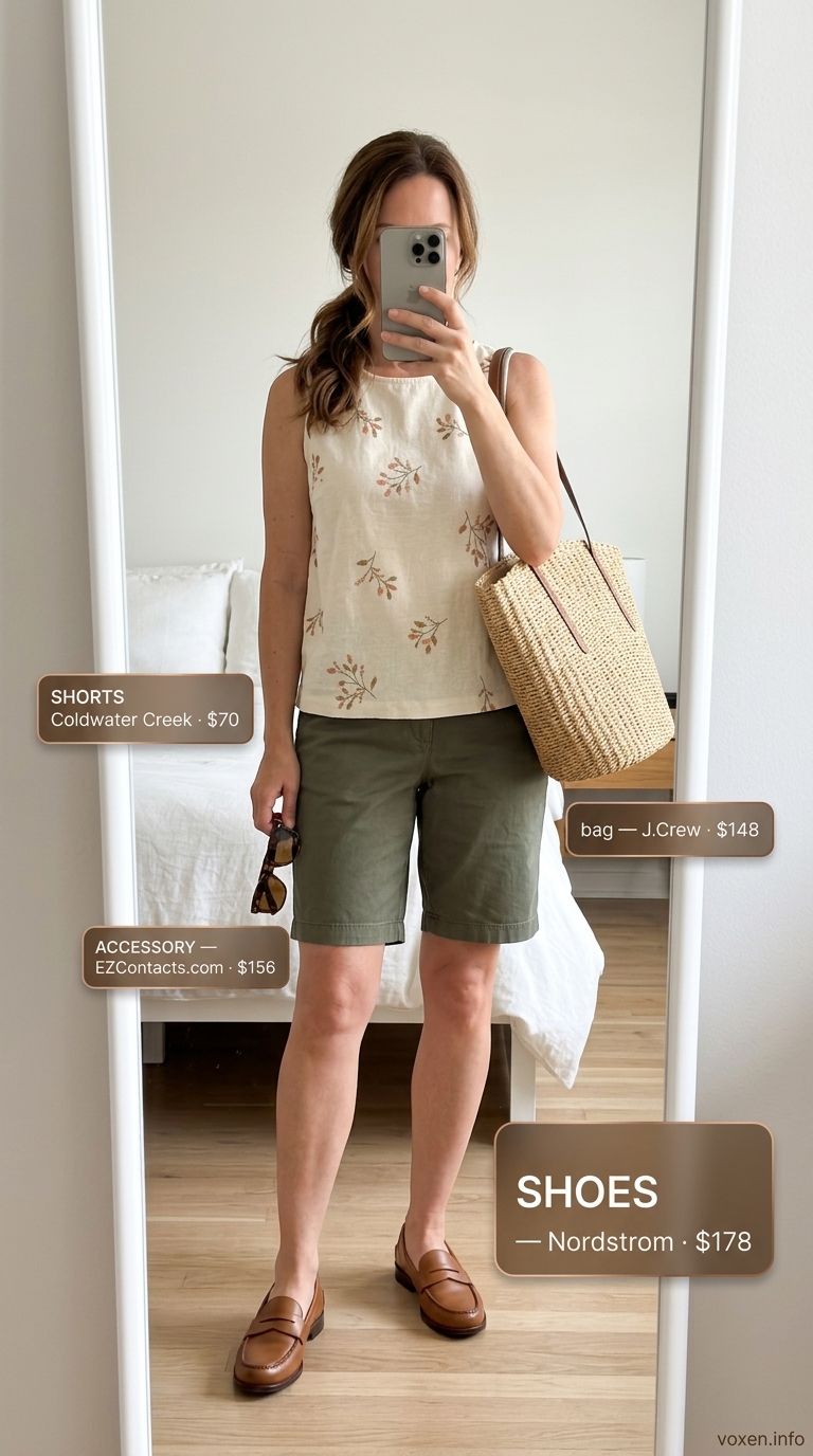 Chic summer outfit for women over 40 2026: Olive green utility shorts set for casual day out or brunch.