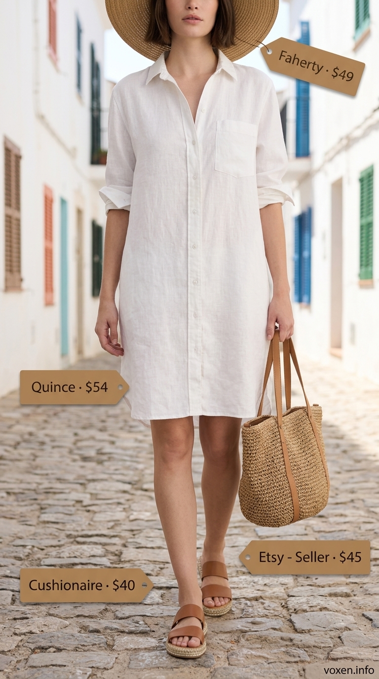 Chic summer outfit for women over 40 2026: White linen shirt dress for beach lunch or resort wear.
