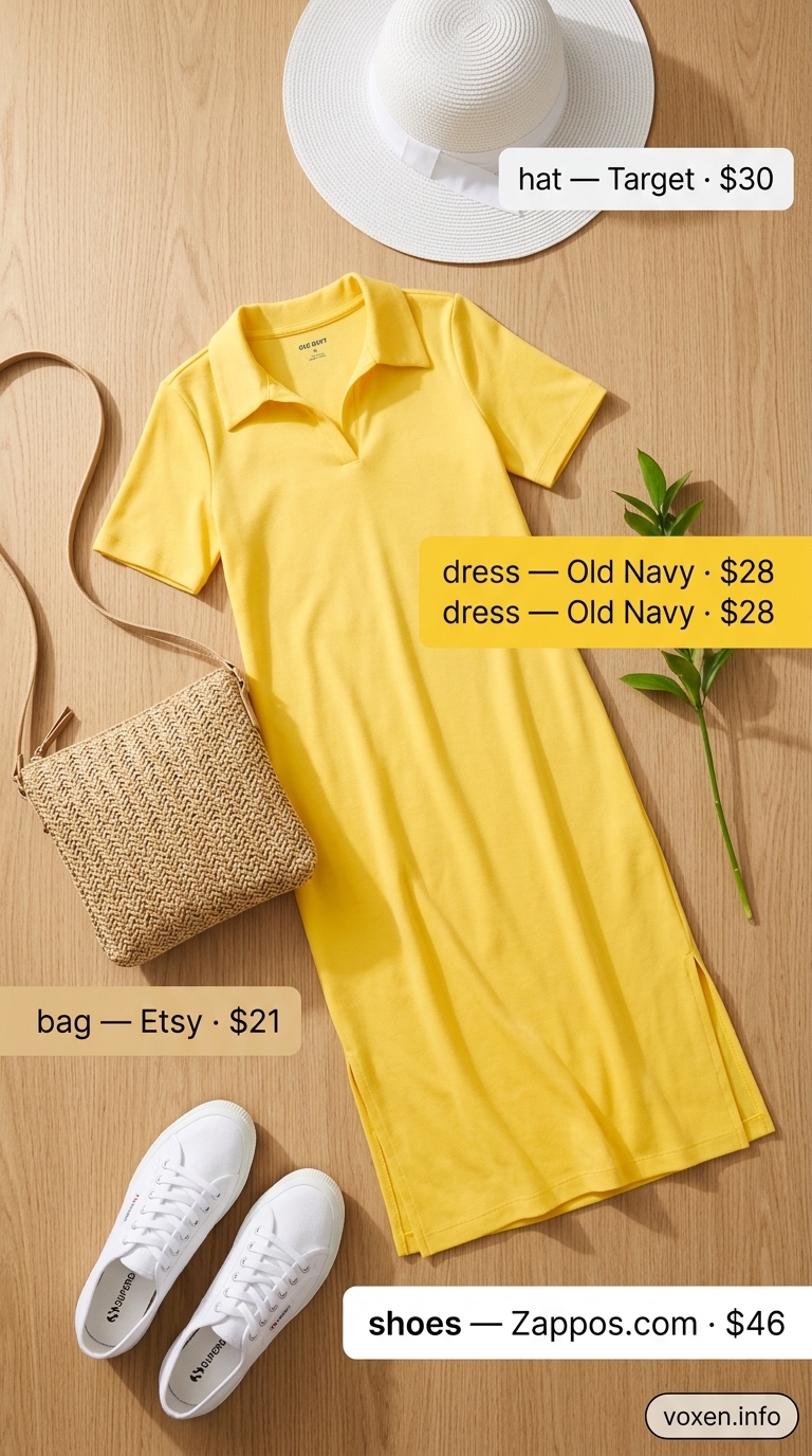 Chic summer outfit for women over 40 2026: Yellow shift dress, white sneakers, straw hat for casual day.
