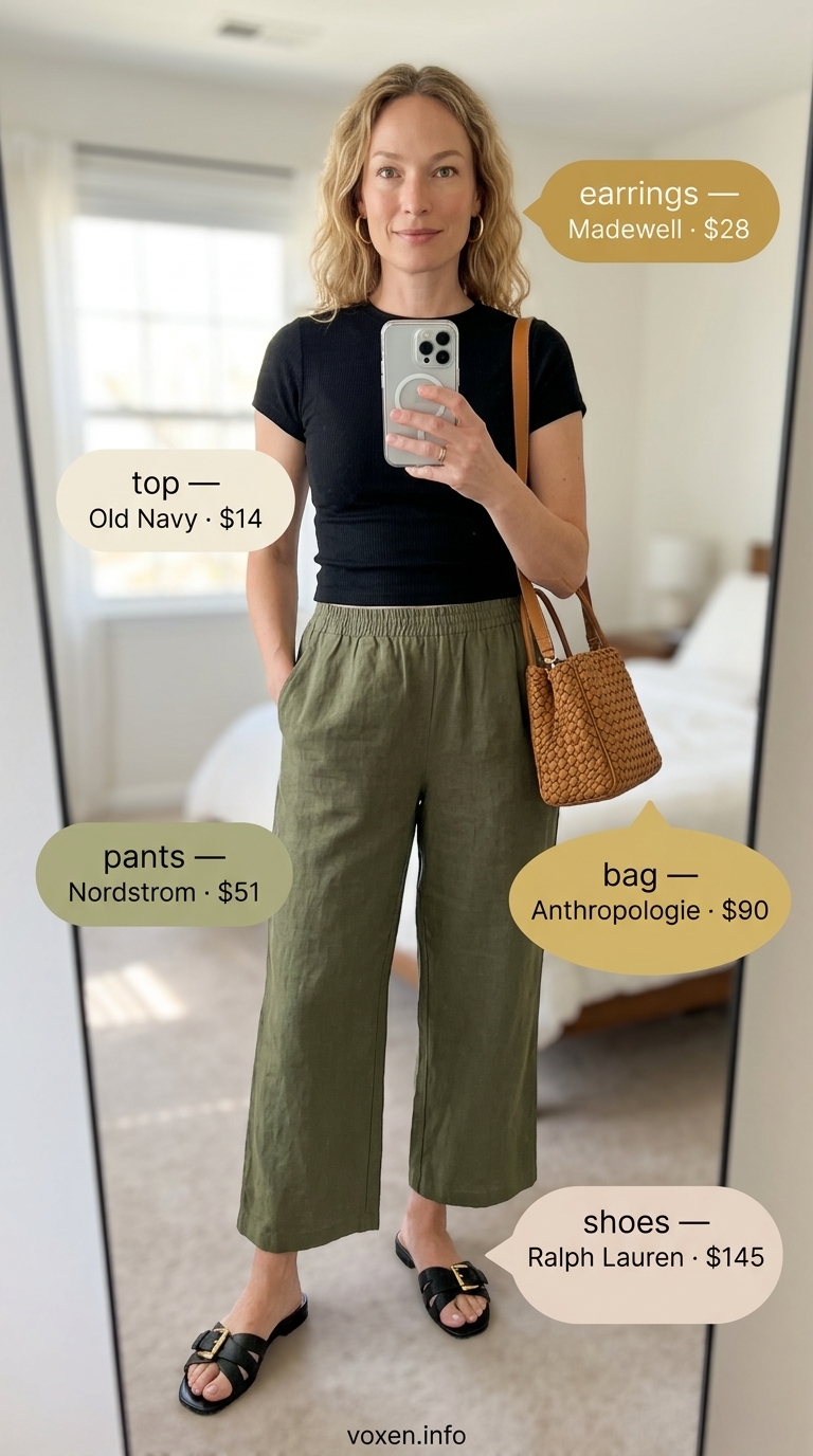 Classy summer outfits for women 2026: Olive culottes, black knit top, gold hoops for artful city stroll.
