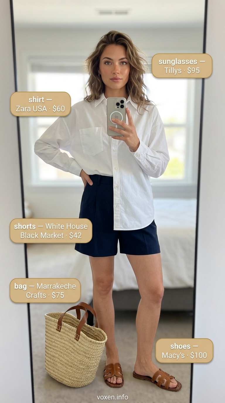 Classy summer outfits for women 2026: White oversized shirt, navy shorts, camel slides, straw tote, and gold sunglasses for resort casual.