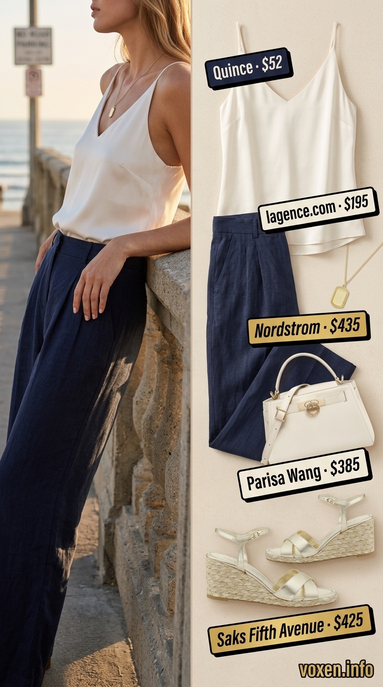 Classy summer outfits for women 2026: Navy wide-leg pants, ivory silk cami, gold necklace, heeled espadrilles, and cream top-handle bag.