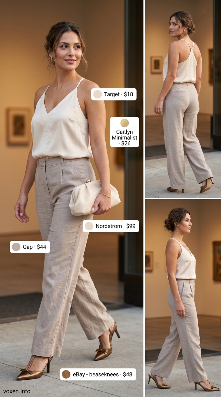 Classy summer outfits for women 2026: Cream wide-leg trousers, silk cami, bronze slingbacks for gallery opening.