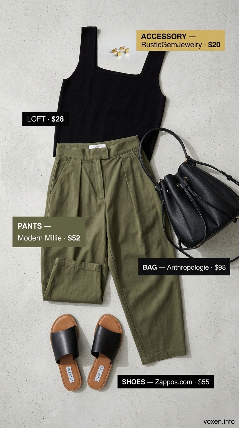 Classy summer outfits for women 2026: Olive green culottes, black knit top, gold earrings, and black slides for lakeside brunch.