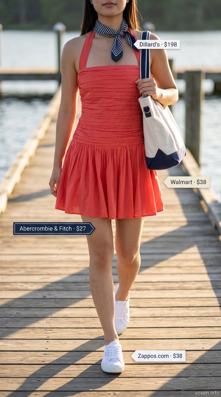 Classy summer outfits for women 2026: Coral red mini dress, white sneakers, gold earrings, striped scarf, and canvas tote for casual gathering.