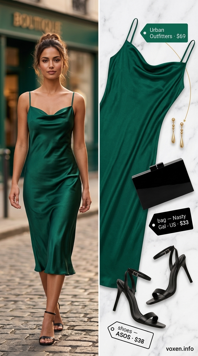 Classy summer outfits for women 2026: Emerald slip dress, gold earrings, black sandals for midnight garden soirée.