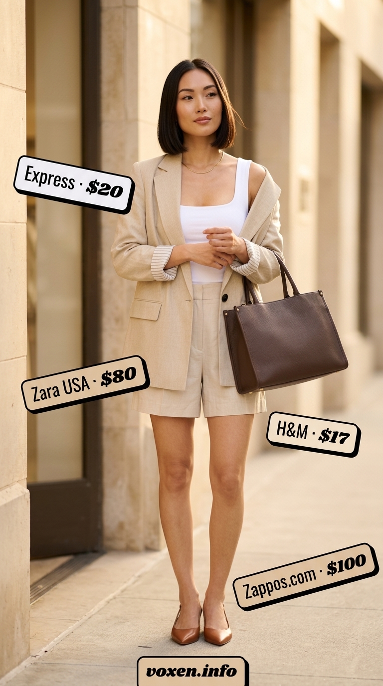 Classy summer outfits for women 2026: Sand blazer, white tank, matching shorts for power lunch.