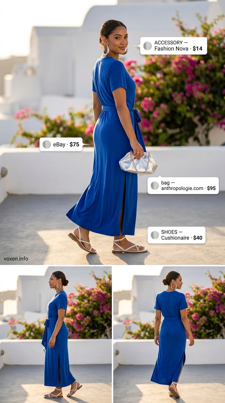 Classy summer outfits for women 2026: Cobalt blue maxi dress, silver clutch, white sandals, and silver hoops for resort dinner.