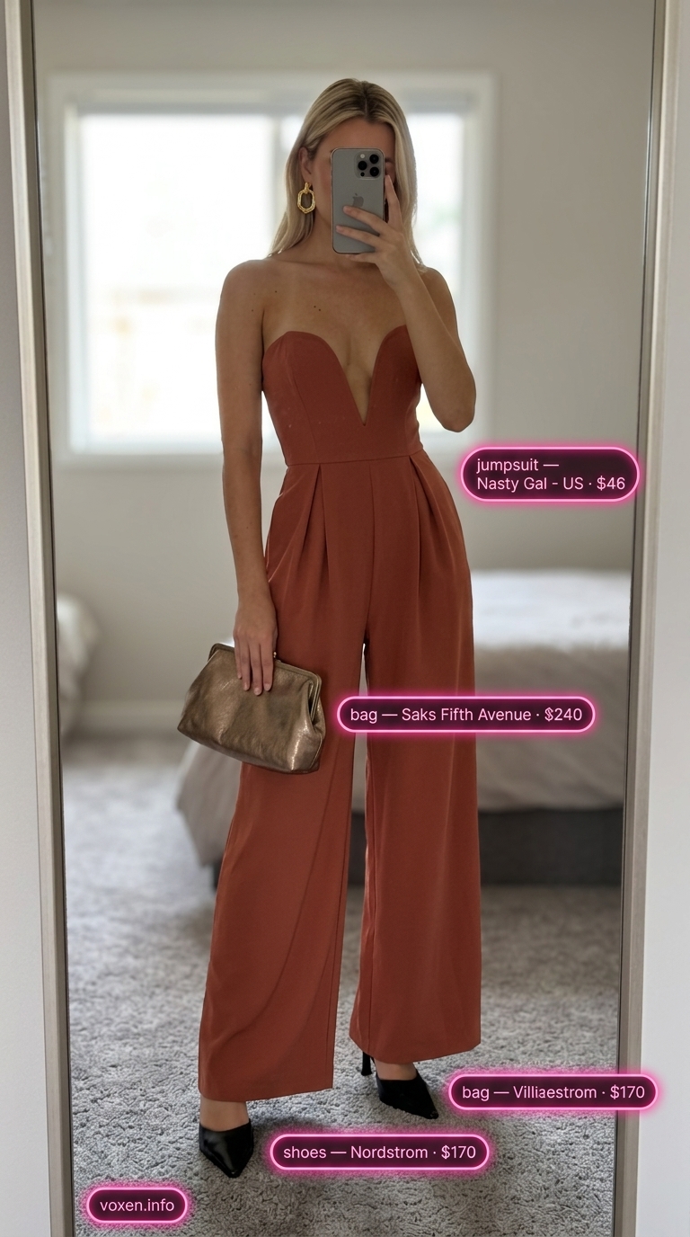 Classy summer outfits for women 2026: Rust jumpsuit, bronze clutch, black heels for sunset dining.