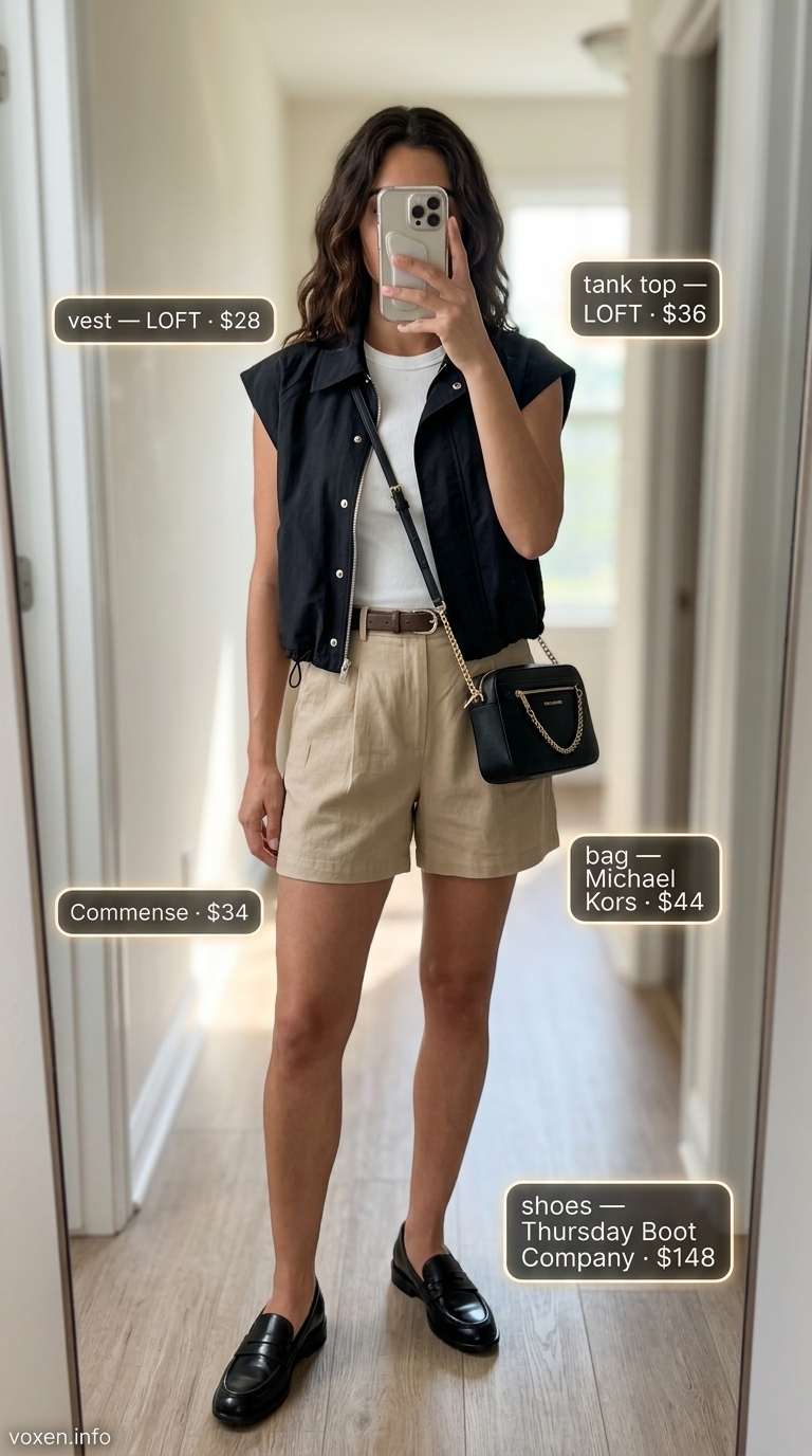 Classy summer outfits for women 2026: Khaki shorts, utility vest, white knit top for urban safari chic.