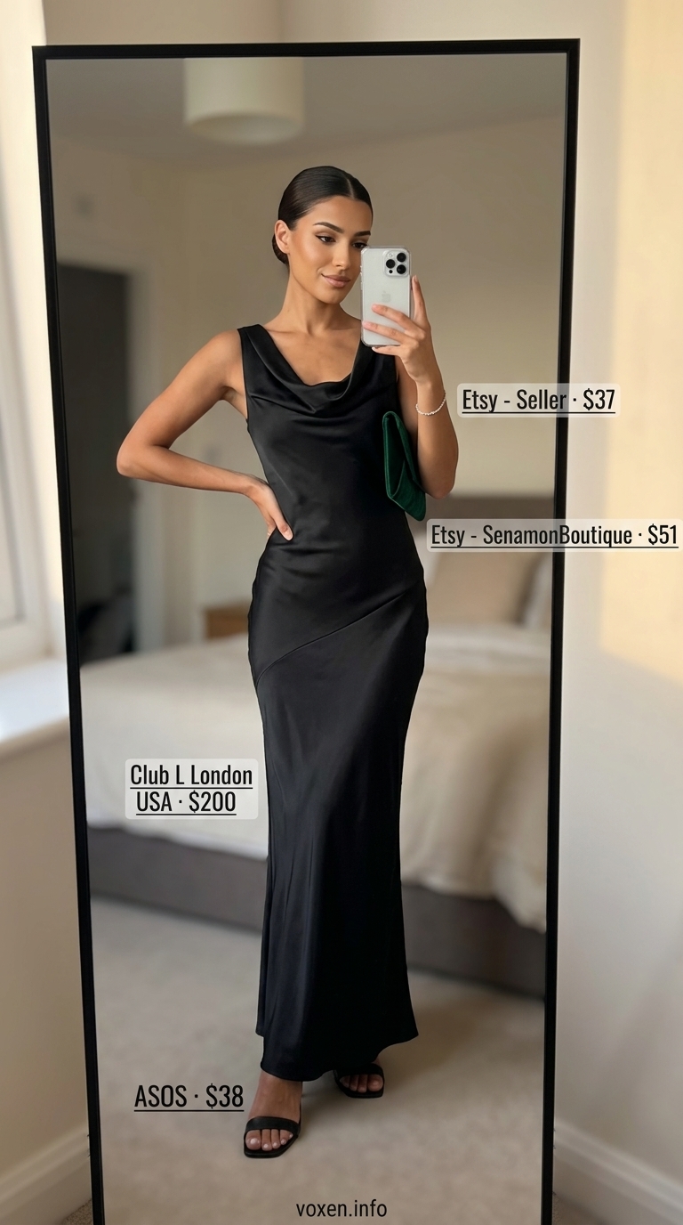 Classy summer outfits for women 2026: Black cowl neck slip dress with emerald green clutch and black strappy heels for a gala.