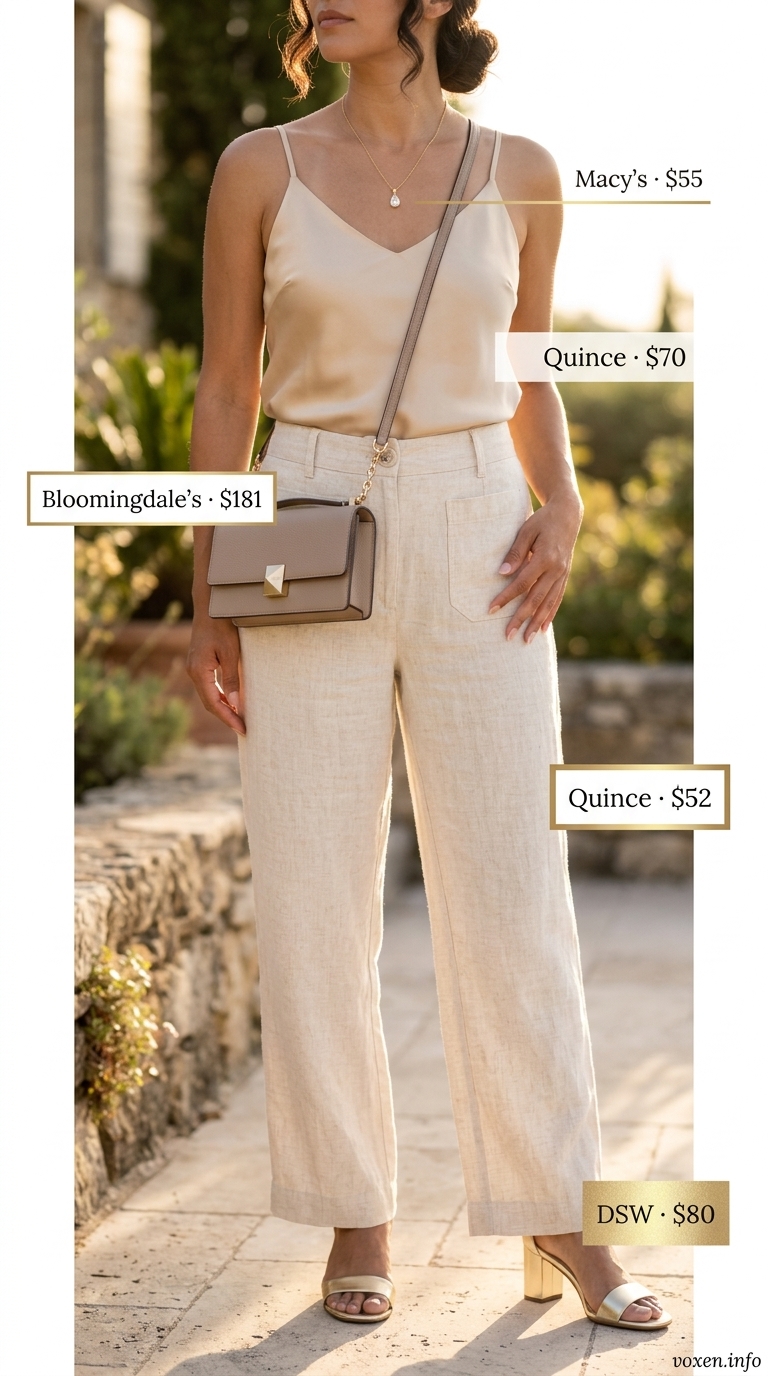 Classy summer outfits for women 2026: Cream linen wide-leg pants with champagne silk camisole and gold sandals for resort wear.