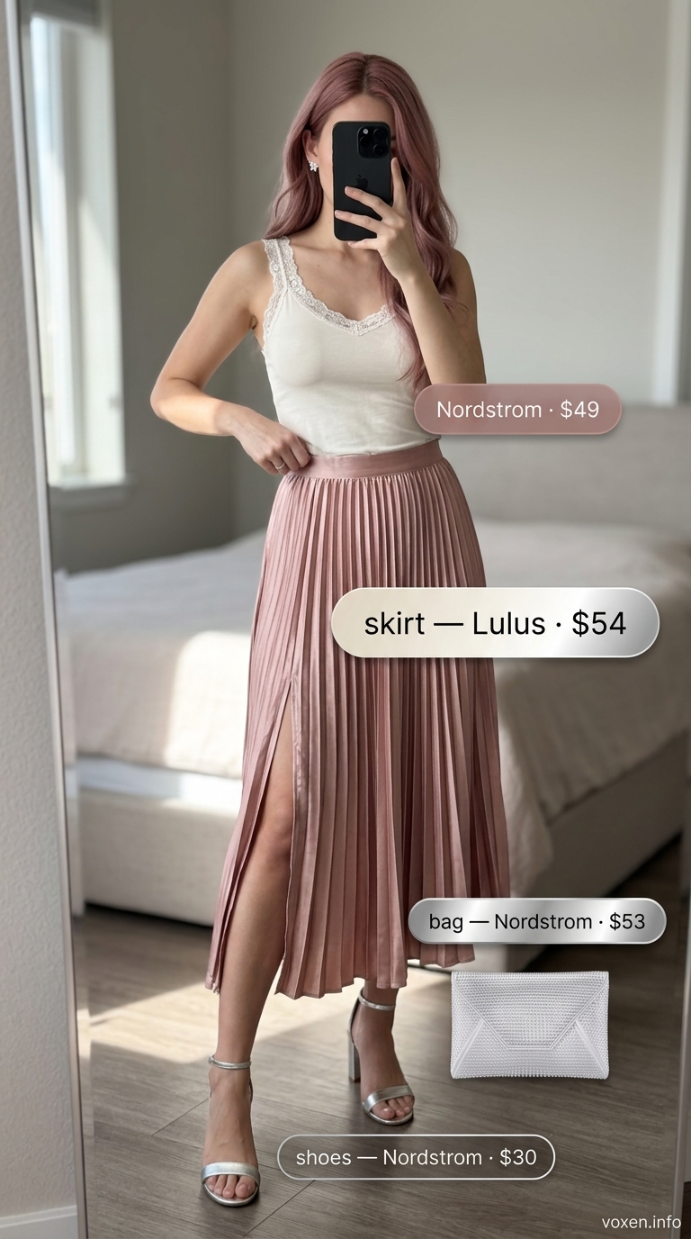 Classy summer outfits for women 2026: Dusty rose satin midi skirt with ivory lace camisole and silver sandals for a wedding guest.