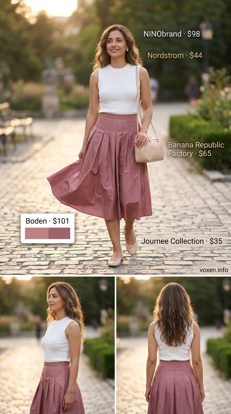 Classy summer outfits for women 2026: Lavender midi skirt with white knit top, nude ballet flats, and pearl earrings for a garden party.