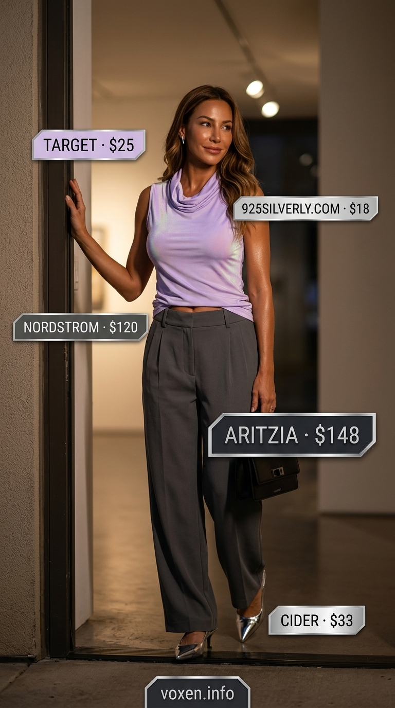 Classy summer outfits for women 2026: Lavender cowl neck top with charcoal grey pants, black crossbody, and silver slingbacks.