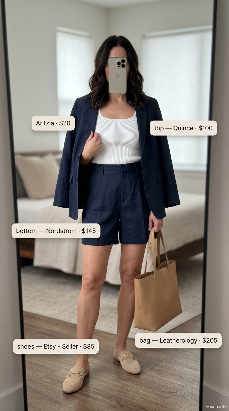Classy summer outfits for women 2026: Navy linen shorts with white tank, beige flats, and navy blazer for business casual.