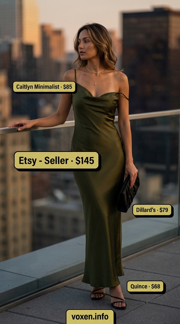 Classy summer outfits for women 2026: Olive green satin maxi slip dress with black heels and gold layered necklaces.
