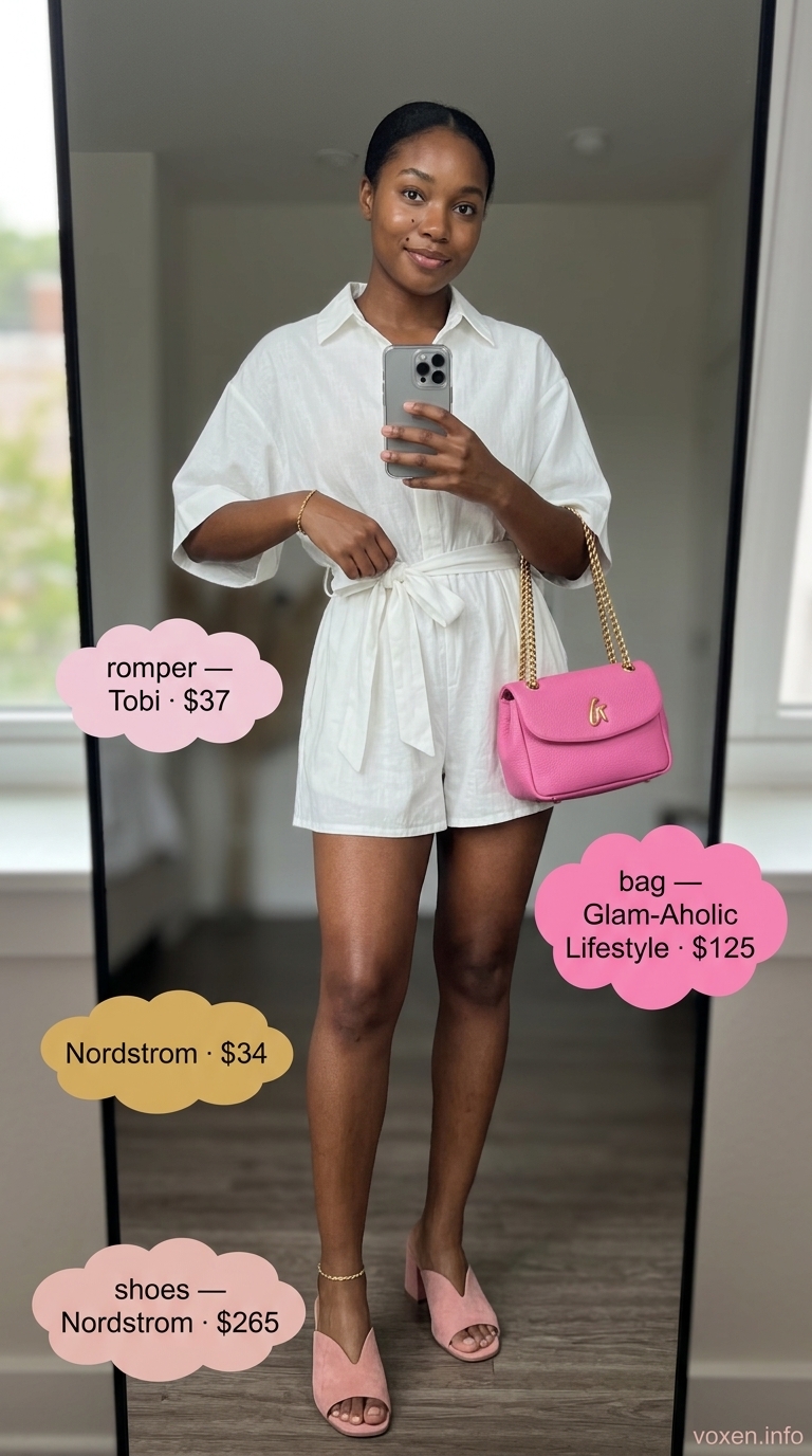 Classy summer outfits for women 2026: White romper with blush pink sandals and gold accessories for a chic brunch.