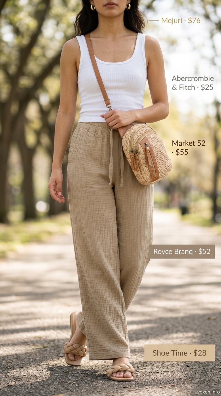 Comfy cotton summer outfits for women 2026: Relaxed white gauze pants, ribbed tank, and straw bag for brunch.