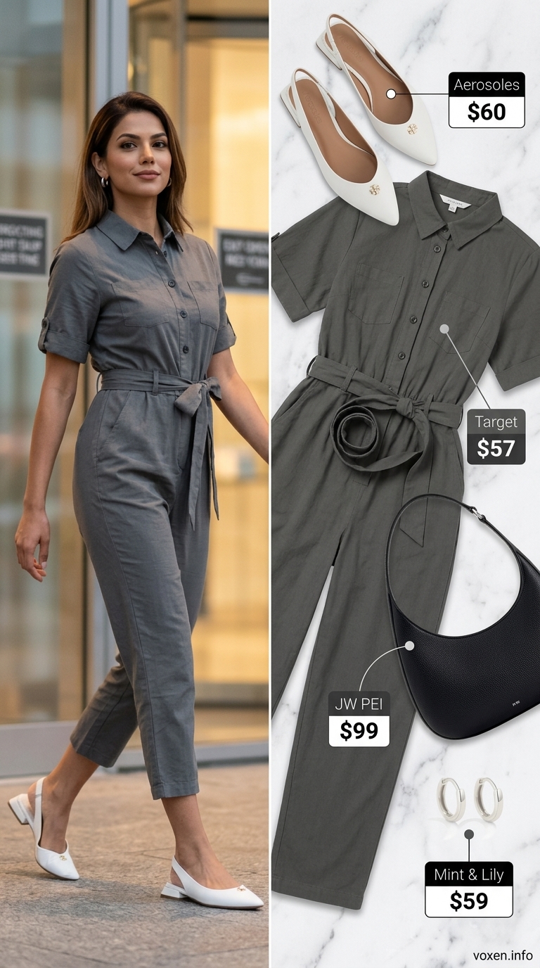 Comfy cotton summer outfits for women 2026: Chic charcoal grey utility jumpsuit with silver accessories and white mules.