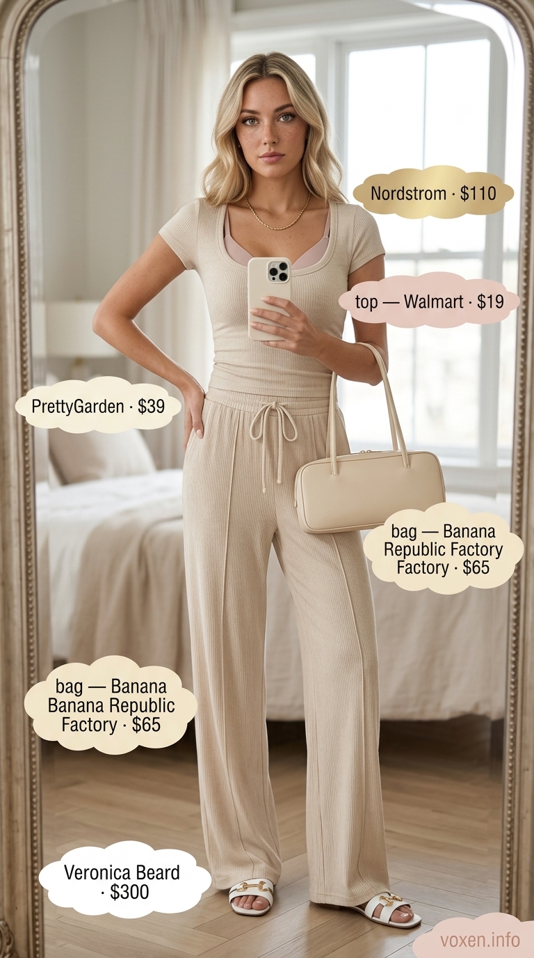 Comfy cotton summer outfits for women 2026: Cozy oatmeal knit matching set with wide-leg pants and slide sandals.