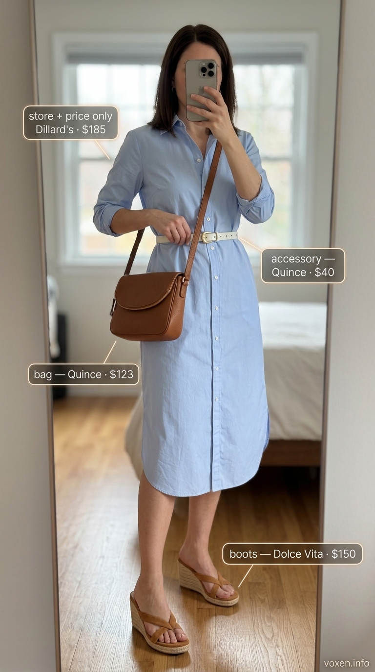 Comfy cotton summer outfits for women 2026: Classic sky blue cotton midi dress with tan espadrilles for a coastal lunch.