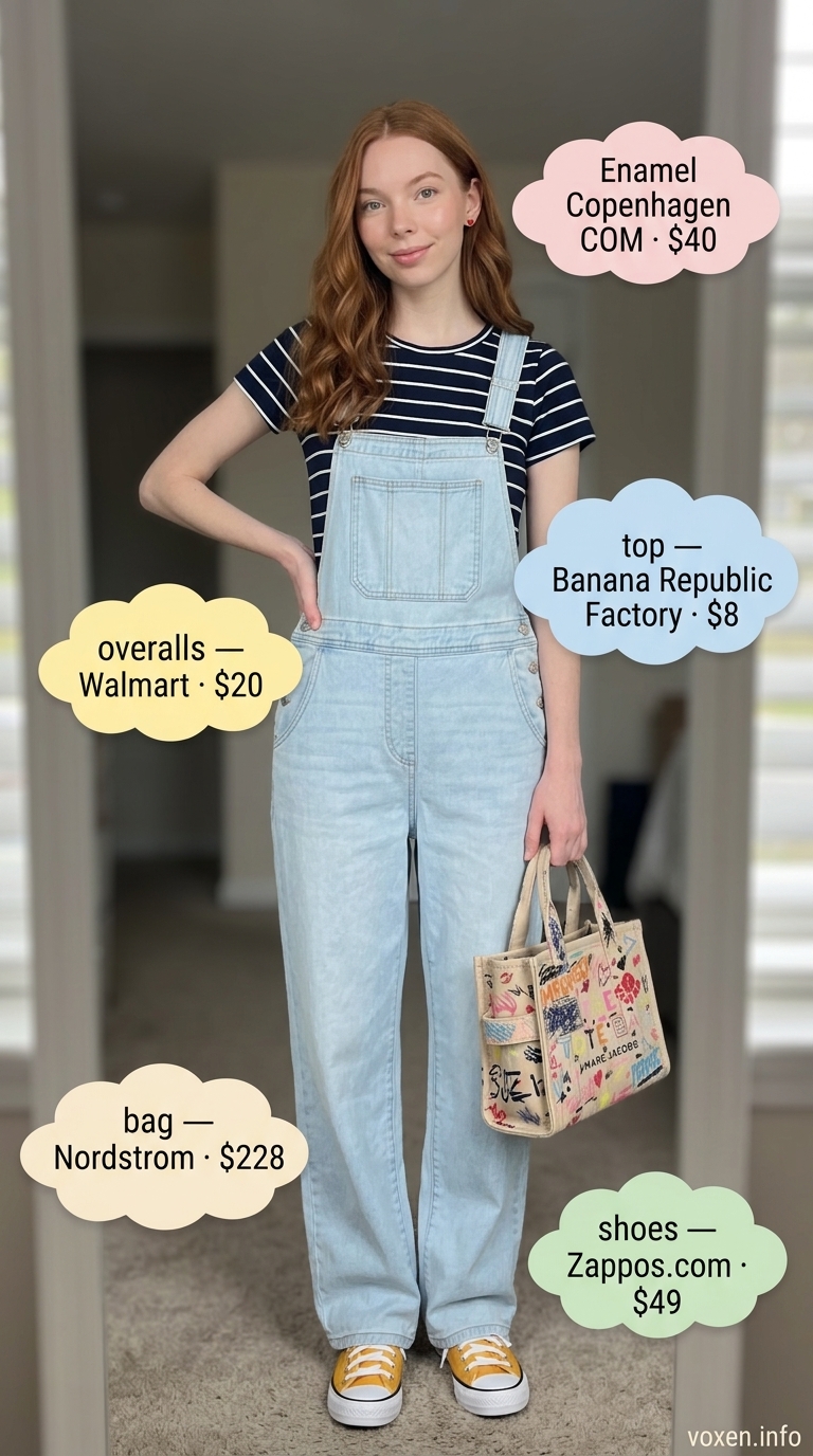 Comfy cotton summer outfits for women 2026: Creative light wash denim overalls, striped tee, and yellow sneakers.