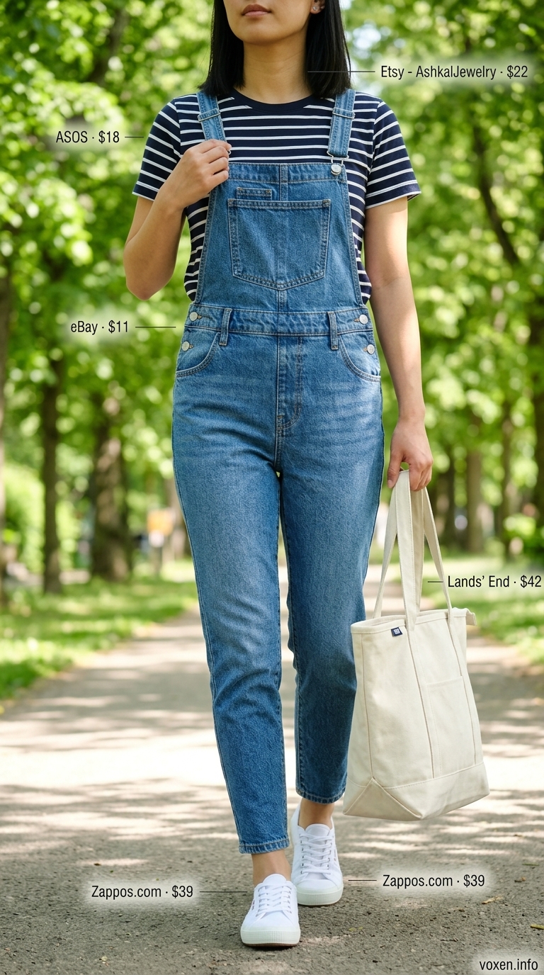 Comfy cotton summer outfits for women 2026: Playful navy and white striped tee with medium wash denim overalls and white sneakers.
